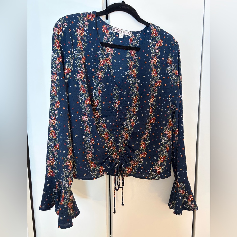 Boho Tie Front Floral Navy Blouse with Ruffle Sleeves